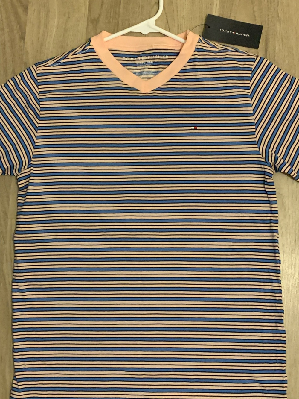Tommy Hilfiger Blue and White Vertical Stripe Short Sleeve Tee